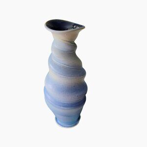 Brian Evans NC Art Pottery Organic Spiral Ceramic Vase 10" Blue Beige Gray Swirl